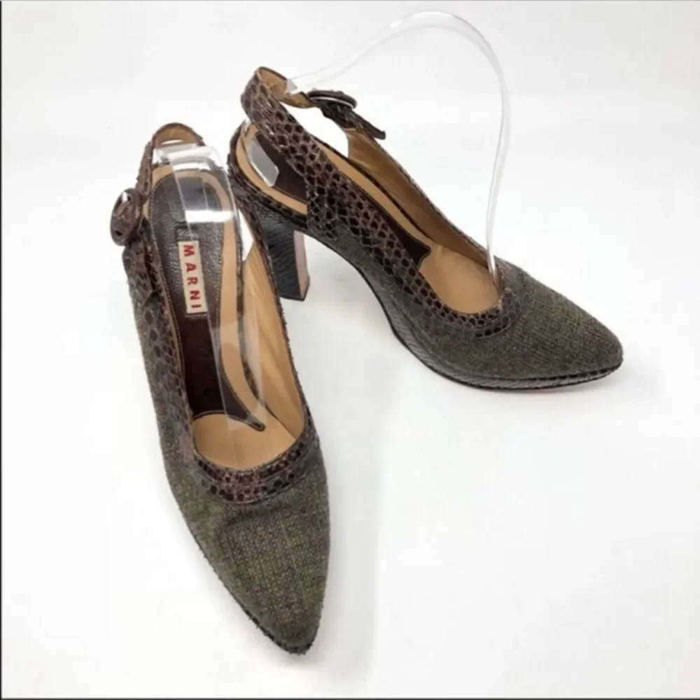 Marni Brown Tweed Python Trim Slingback Platforms 40